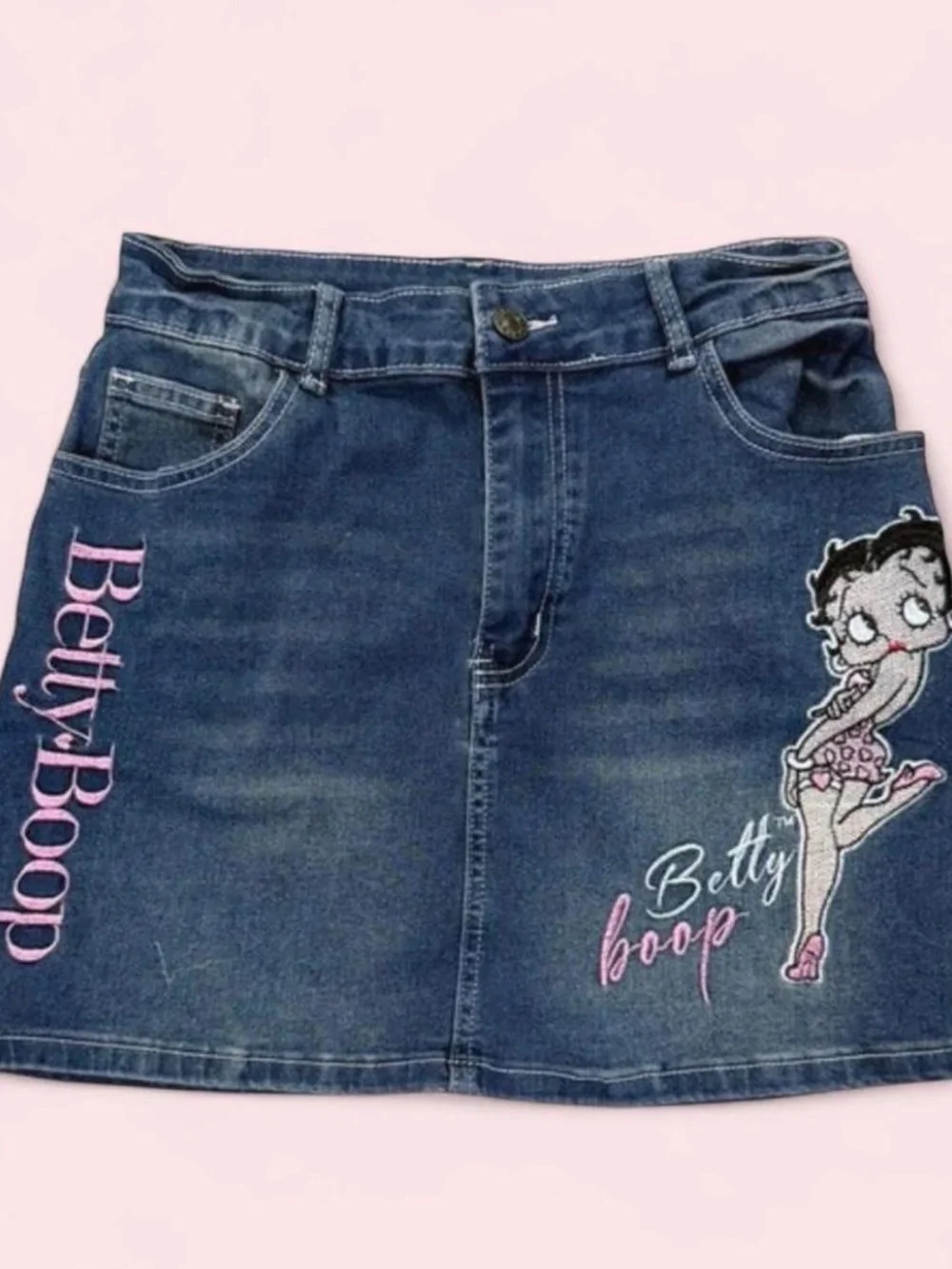 Betty Boop Dark Blue Denim Skirt with Pink Embroidered Logo
